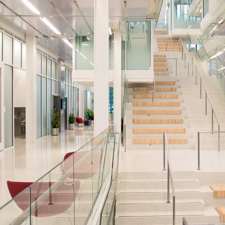 The staircase in the Luddy Hall atrium on the IU Bloomington campus